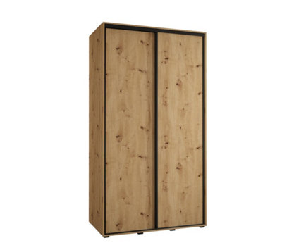 Rustic Oak Artisan Sliding Door Wardrobe H2050mm W1400mm D600mm with Decorative Strips and Black Steel Handles