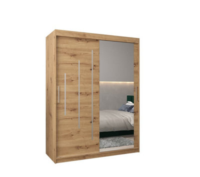 Rustic Oak Artisan York II Sliding Door Wardrobe W1500mm H2000mm D620mm - Mirrored Storage with Silver Handles