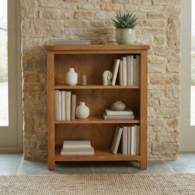 Rustic Oak Small Low Compact Adjustable 2 Shelf Bookcase