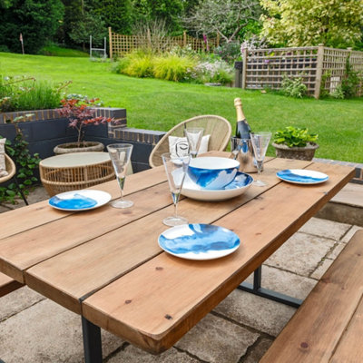Rustic Outdoor Picnic Table with Fixed Benches - Aluminium Legs - 240cm