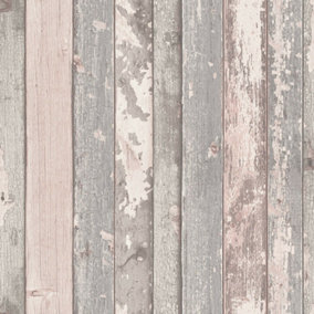 Rustic Painted Wood Panel Effect Grey Pale Blush Pink Wallpaper Cabin Plank  FULL ROLL - Grey Pink Wood Effect GR0006