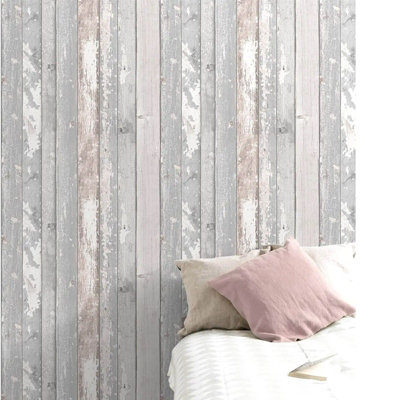 Rustic Painted Wood Panel Effect Pale Blush Pink Light & Dark Grey Wallpaper
