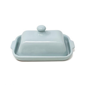 Rustic Pastel Fully Dipped Terracotta Kitchen Dining Butter Dish Blue (L) 20cm x (H) 9cm