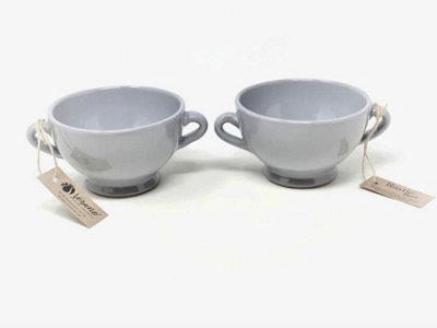 Rustic Pastel Fully Dipped Terracotta Kitchen Dining Set of 2 Soup Bowls Grey (Diam) 14.5cm