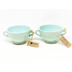 Rustic Pastel Fully Dipped Terracotta Kitchen Dining Set of 2 Soup Bowls Pale Green (Diam) 14.5cm