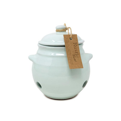 Rustic Pastel Fully Dipped Terracotta Kitchen Garlic Storage Jar w/ Lid Pale Green (H) 15cm