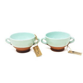 Rustic Pastel Half Dipped Terracotta Kitchen Dining Set of 2 Soup Bowls Pale Green (Diam) 14.5cm