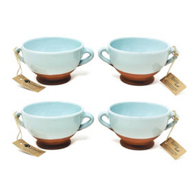 Rustic Pastel Half Dipped Terracotta Kitchen Dining Set of 4 Soup Bowls Duck Egg Blue (Diam) 14.5cm
