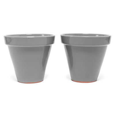 Rustic Pastel Hand Dipped Grey Terracotta Outdoor Set of 2 Classic Plant Pots (D) 25cm