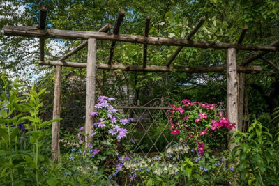 A rustic pergola made from natural logs, blending seamlessly with its surroundings.