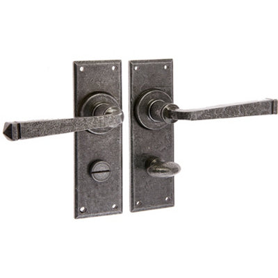Rustic Pewter Door Handle on Backplate for Bathrooms - Interior Lever on Backplate