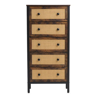 Rustic Rattan Freestanding Storage Cabinet with 5 Drawers 126cm (H)