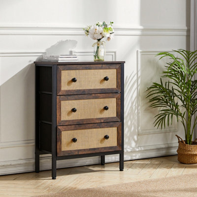 Rustic Rattan Storage Cabinet with 3 Drawers