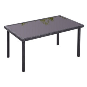 Rustic Rectangle Ratten Effect Outdoor Garden Wicker Table with Tempered Glass Tabletop Black 150cm