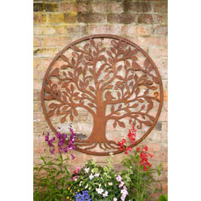 Rustic Round Steel Tree and Bird Screen Wall Art Plaque 1m Diameter