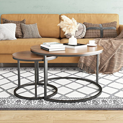 Rustic Round Wooden Nesting Coffee Table Set of 2 Space Saving Wooden Tables with Metal Frame for Living Room, Bedroom & Office