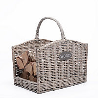 Rustic Shabby Chic Style Grey Natural Wicker Fireside Log Basket-Small