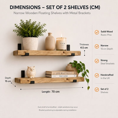 Rustic Shelves, Narrow Wooden Wall-Mounted Floating Wall Shelves with ...
