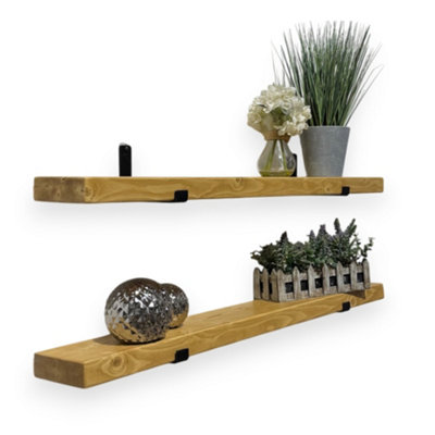 Rustic Shelves, Narrow Wooden Wall-Mounted Floating Wall Shelves with Metal Brackets(Set of 2, 80cm Long)