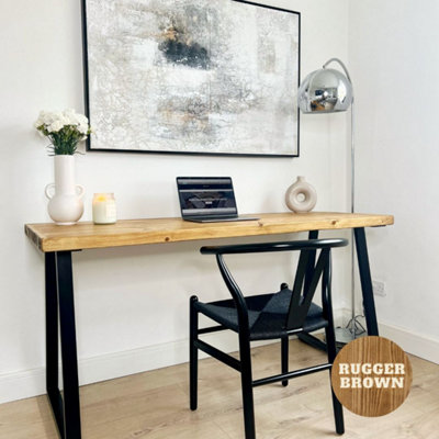 Rustic Solid wooden office desk - 150cm L x 58cm W - Trapeze legs - Rugger Brown