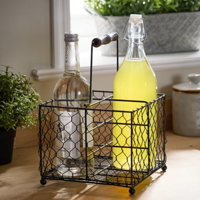 Rustic Style Bottle Carrier Four Compartment Woven Chicken Wire Square Bottle Basket Carrier Caddy Kitchen Dining Table Accessory