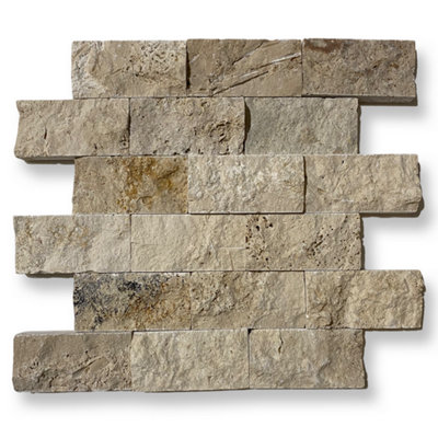 Rustic Travertine 5 x 10cm Brick Size Split Face Cladding 30.5 x 30.5cm ...