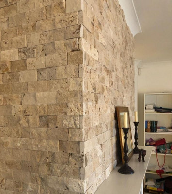 Rustic Travertine 5 x 10cm Brick Size Split Face Cladding 30.5 x 30.5cm Tile, Sold Per Tile