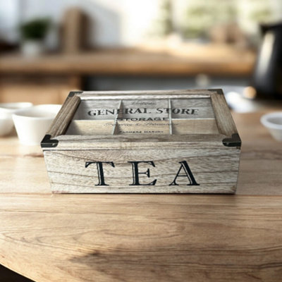 Rustic Vintage Style Wood Tea Bag Box Caddy Storage Organiser