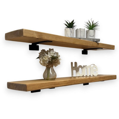 Rustic Wall Shelves, Set of 2 Wooden Floating Shelves (Rustic Pine, 100cm) Kitchen, Living Room or Lounge