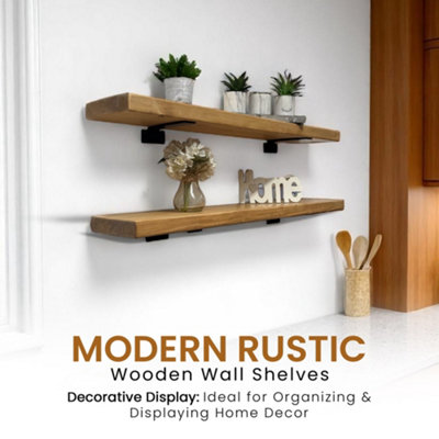 Rustic Wall Shelves, Set of 2 Wooden Floating Shelves (Rustic Pine, 100cm) Kitchen, Living Room or Lounge
