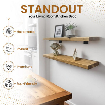 Rustic Wall Shelves, Set of 2 Wooden Floating Shelves (Rustic Pine, 100cm) Kitchen, Living Room or Lounge