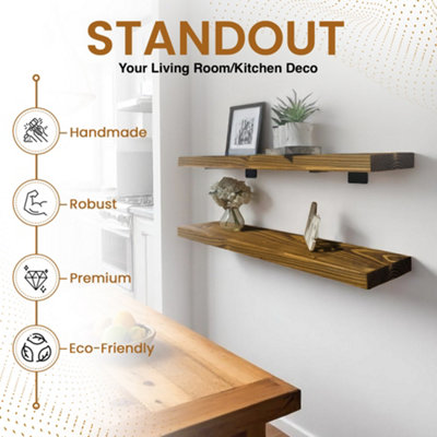 Rustic Wall Shelves, Set of 2 Wooden Floating Shelves (Tudor Oak, 120cm ...