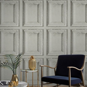 Rustic Wood Panel Wallpaper Grey Grandeco A49202