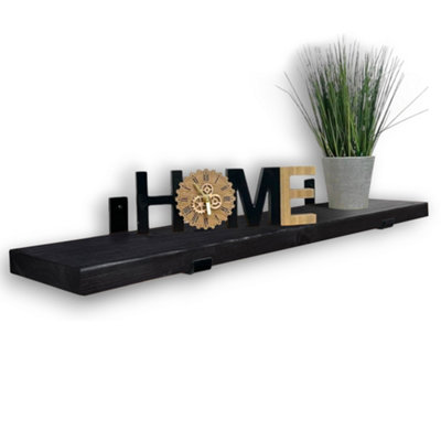 Rustic Wooden Shelf, Inverted Brackets (Black, 100cm (1.0m)