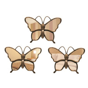 Rusty Brown Gold Butterflies Mirror - Pack of 3 Wall Decor Vanity Mirror for Living Room Bedroom 24x20cm