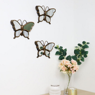 Rusty Brown Gold Butterflies Mirror - Pack of 3 Wall Decor Vanity Mirror for Living Room Bedroom 24x20cm