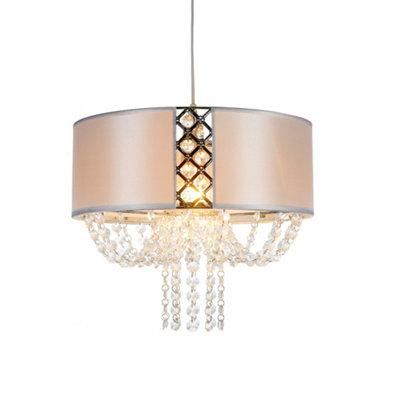Ruth White Drum Fabric Shade with Clear Beaded Chandelier Droplets