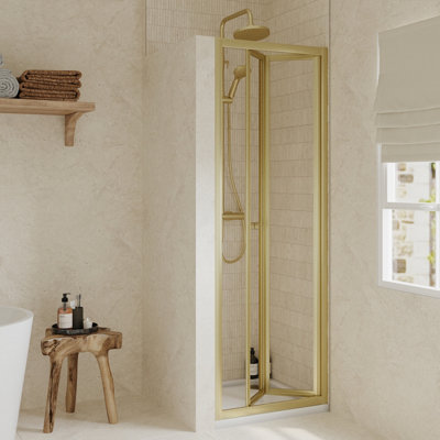 Ruwa 4mm Toughened Safety Glass Bi-Fold Shower Door - 1900 x 700mm - Brushed Brass - Balterley