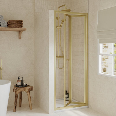 Ruwa 4mm Toughened Safety Glass Bi-Fold Shower Door - 1900 x 760mm - Brushed Brass - Balterley