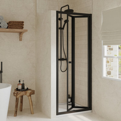 Ruwa 4mm Toughened Safety Glass Bi-Fold Shower Door - 1900 x 760mm - Matt Black - Balterley