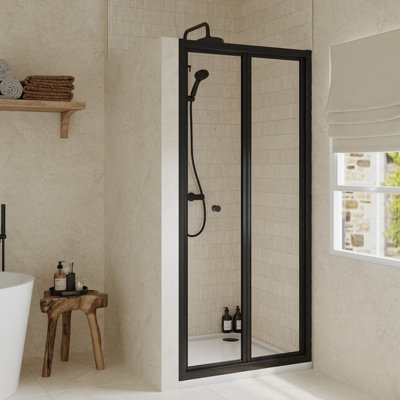 Ruwa 4mm Toughened Safety Glass Bi-Fold Shower Door - 1900 x 900mm - Matt Black - Balterley