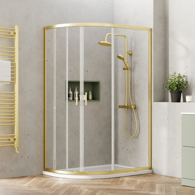 Ruwa 6mm Toughened Safety Glass Offset Quadrant Shower Enclosure - 1900 x 1200 x 800mm - Brushed Brass - Balterley