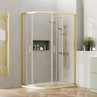 Ruwa 6mm Toughened Safety Glass Offset Quadrant Shower Enclosure - 1900 x 1200 x 800mm - Brushed Brass - Balterley - 4