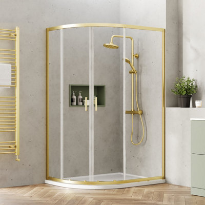 Ruwa 6mm Toughened Safety Glass Offset Quadrant Shower Enclosure - 1900 x 1200 x 900mm - Brushed Brass - Balterley - 3