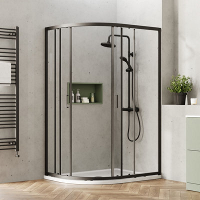 Ruwa 6mm Toughened Safety Glass Offset Quadrant Shower Enclosure - 1900 x 1200 x 900mm - Matt Black - Balterley