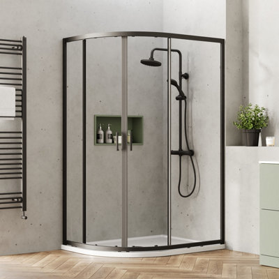 Ruwa 6mm Toughened Safety Glass Offset Quadrant Shower Enclosure - 1900 x 1200 x 900mm - Matt Black - Balterley - 4
