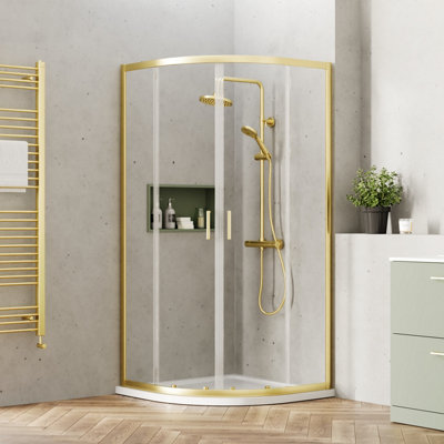 Ruwa 6mm Toughened Safety Glass Quadrant Shower Enclosure - 1900 x 900 x 900mm - Brushed Brass - Balterley