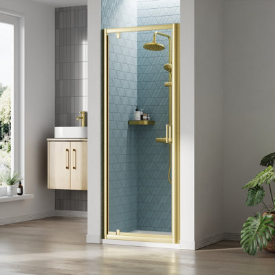 Ruwa 6mm Toughened Safety Glass Reversible Pivot Shower Door - 1900 x 760mm - Brushed Brass - Balterley
