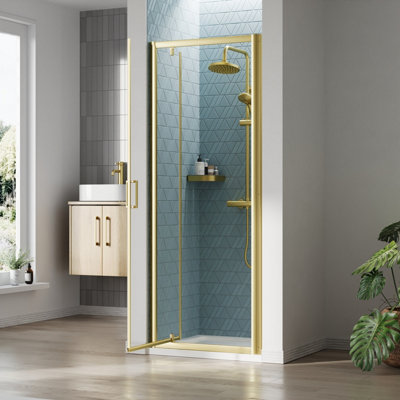 Ruwa 6mm Toughened Safety Glass Reversible Pivot Shower Door - 1900 x 760mm - Brushed Brass - Balterley - 3