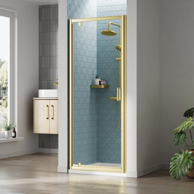 Ruwa 6mm Toughened Safety Glass Reversible Pivot Shower Door - 1900 x 800mm - Brushed Brass - Balterley